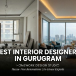 Gemini said A before-and-after comparison of a living room renovation in Gurugram. The "Before" side shows a room under construction with bare walls and exposed wiring, while the "After" side features a luxury, contemporary living space with elegant furniture, warm cove lighting, and a panoramic city skyline view. Text overlay reads: "Best Interior Designers in Gurugram: Homework Design Studio – Hassle-Free Renovations | In-House Experts."