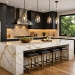 A stunning modern luxury kitchen featuring a large waterfall island made of white Calacatta marble with gold veining. Dark charcoal matte cabinetry with brushed brass hardware. Under-cabinet LED lighting casting a warm glow on a tiled backsplash. High-end integrated appliances. A large window in the background showing lush greenery. Photorealistic, 8k, interior design magazine style. .