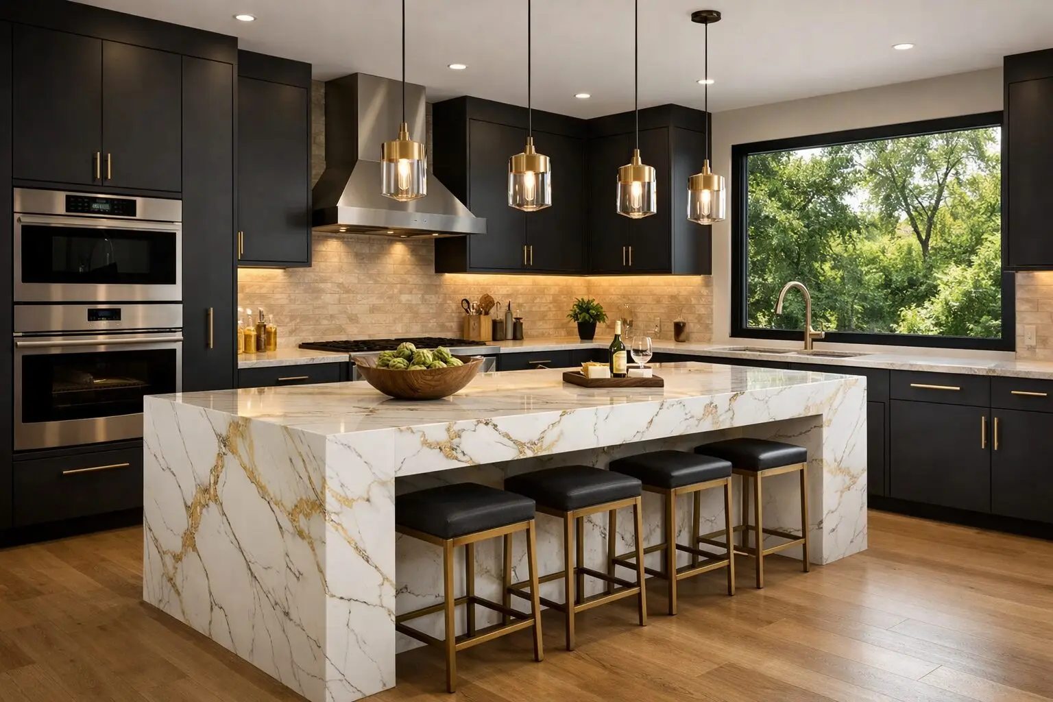 A stunning modern luxury kitchen featuring a large waterfall island made of white Calacatta marble with gold veining. Dark charcoal matte cabinetry with brushed brass hardware. Under-cabinet LED lighting casting a warm glow on a tiled backsplash. High-end integrated appliances. A large window in the background showing lush greenery. Photorealistic, 8k, interior design magazine style. .