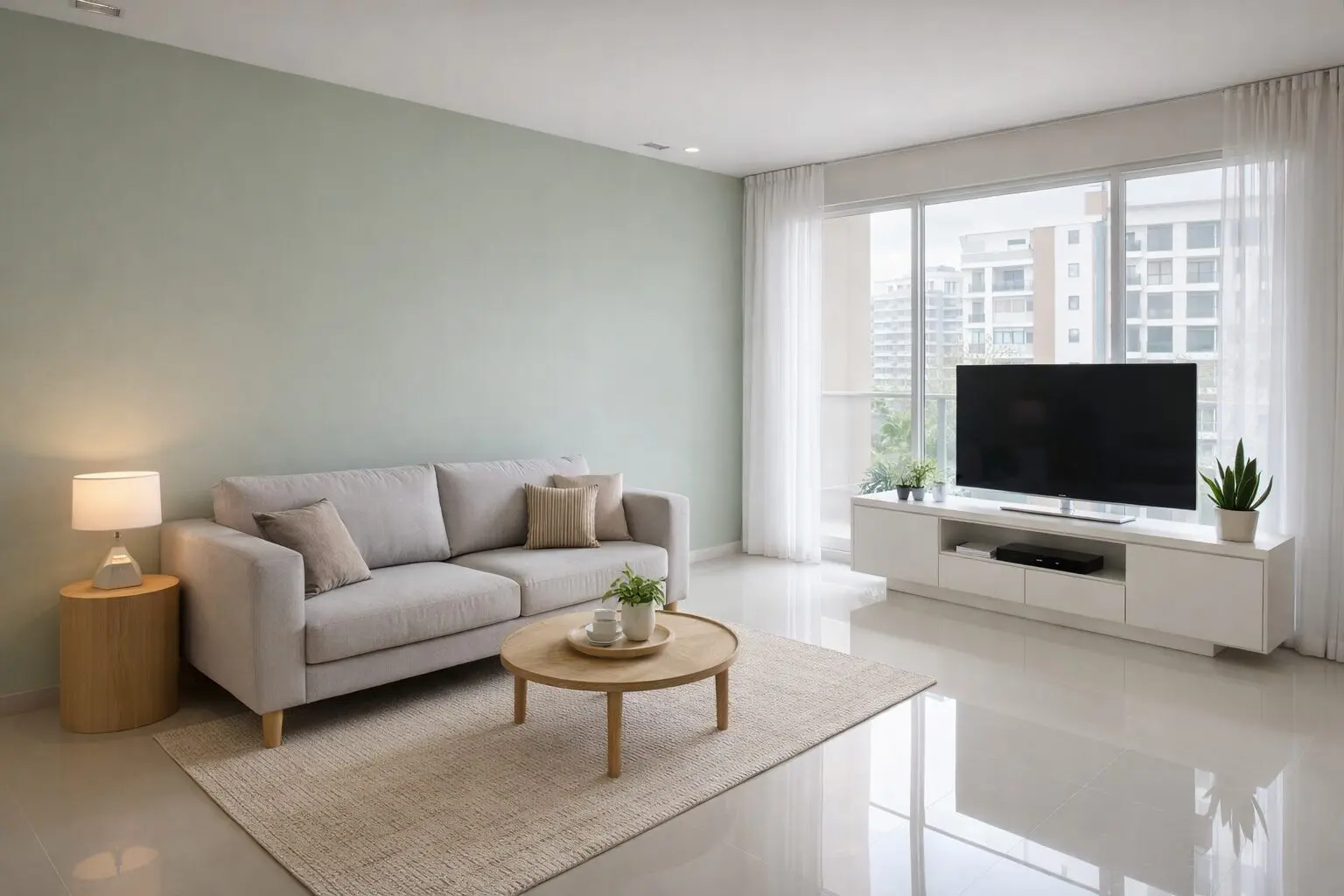 A bright, modern 2BHK living room in a Gurgaon apartment designed on a budget. Features a minimalist light-grey sofa, an accent wall in a soft sage green, and sleek white modular TV unit. The flooring is polished to a high shine. Large windows with sheer white curtains. The space looks airy, clean, and premium despite the simple materials. 8k, photorealistic.