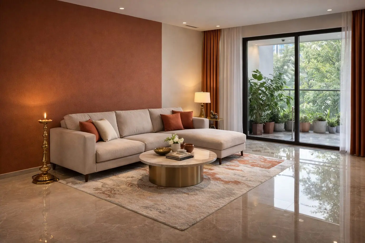 A high-end, photorealistic interior shot of a modern Indian living room. The room features a warm color palette (terracotta and cream), a sleek modular sofa, a large windows showing a glimpse of a lush balcony, and a stunning marble floor with a mirror-like finish. Subtle traditional Indian accents like a brass lamp and a contemporary hand-tufted rug. The lighting is soft, warm, and inviting. 8k resolution, architectural photography style.