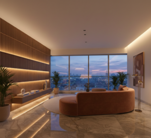 A hyper-realistic, wide-angle shot of a luxury living room in a Gurgaon penthouse. Featuring a book-matched Italian marble floor with a high-gloss finish, a curved velvet sofa in earthy terracotta, fluted wood wall panels with integrated warm LED cove lighting. Large floor-to-ceiling windows showing a blurred Gurgaon skyline at dusk. The style is "Warm Minimalism." High-end, cinematic lighting, 8k resolution.