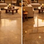 A luxurious, wide-angle shot of a modern builder floor living room in Vasant Vihar. The space features floor-to-ceiling windows with soft sunlight, seamless Italian marble flooring with a high-gloss finish, a sophisticated warm neutral color palette (taupe and sand), and bespoke modular furniture. A touch of "Global-Indian" fusion is visible through a hand-knotted rug and a brass statement light fixture. High-end, photorealistic, 8k resolution.