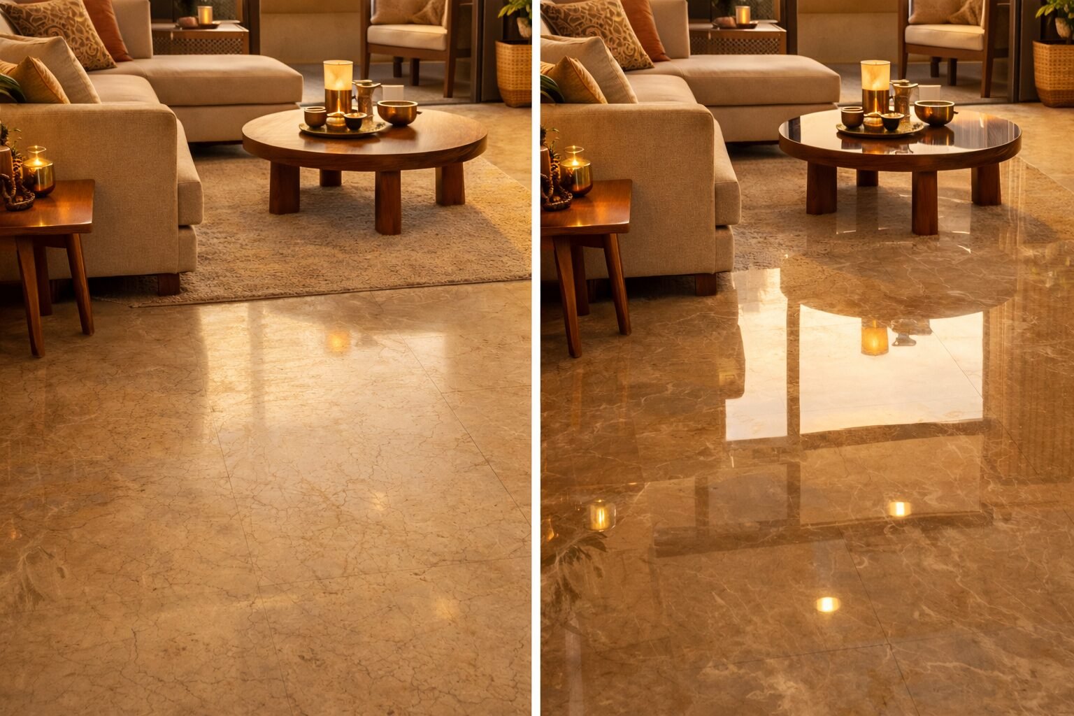 A luxurious, wide-angle shot of a modern builder floor living room in Vasant Vihar. The space features floor-to-ceiling windows with soft sunlight, seamless Italian marble flooring with a high-gloss finish, a sophisticated warm neutral color palette (taupe and sand), and bespoke modular furniture. A touch of "Global-Indian" fusion is visible through a hand-knotted rug and a brass statement light fixture. High-end, photorealistic, 8k resolution.