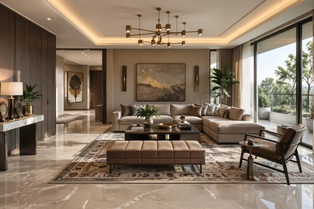 A luxurious, wide-angle shot of a modern builder floor living room in Vasant Vihar. The space features floor-to-ceiling windows with soft sunlight, seamless Italian marble flooring with a high-gloss finish, a sophisticated warm neutral color palette (taupe and sand), and bespoke modular furniture. A touch of "Global-Indian" fusion is visible through a hand-knotted rug and a brass statement light fixture. High-end, photorealistic, 8k resolution.