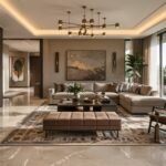 A luxurious, wide-angle shot of a modern builder floor living room in Vasant Vihar. The space features floor-to-ceiling windows with soft sunlight, seamless Italian marble flooring with a high-gloss finish, a sophisticated warm neutral color palette (taupe and sand), and bespoke modular furniture. A touch of "Global-Indian" fusion is visible through a hand-knotted rug and a brass statement light fixture. High-end, photorealistic, 8k resolution.