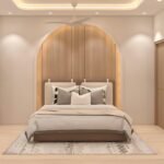 Modern bedroom interior with a neutral palette, upholstered bed and warm wood details