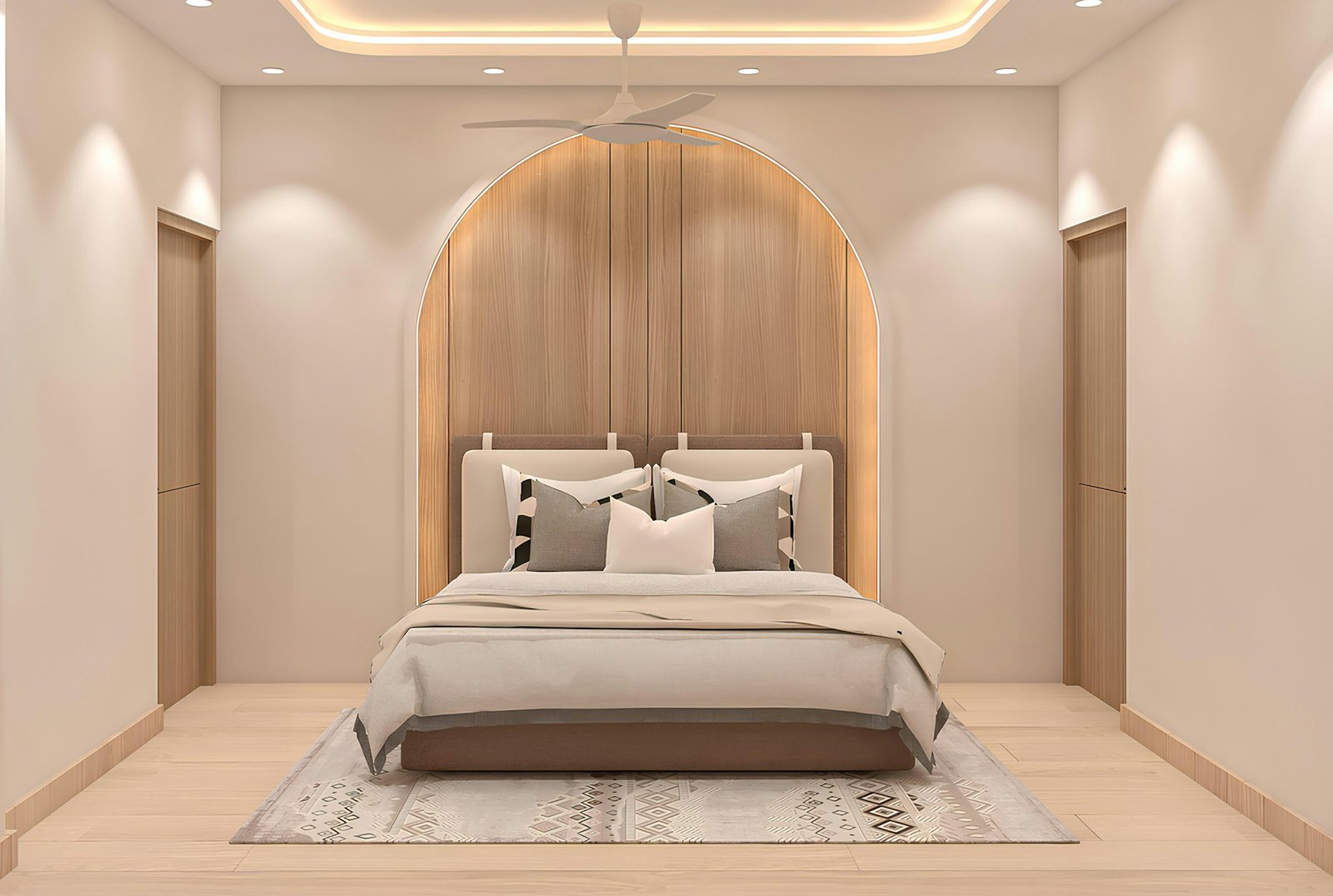 Modern bedroom interior with a neutral palette, upholstered bed and warm wood details