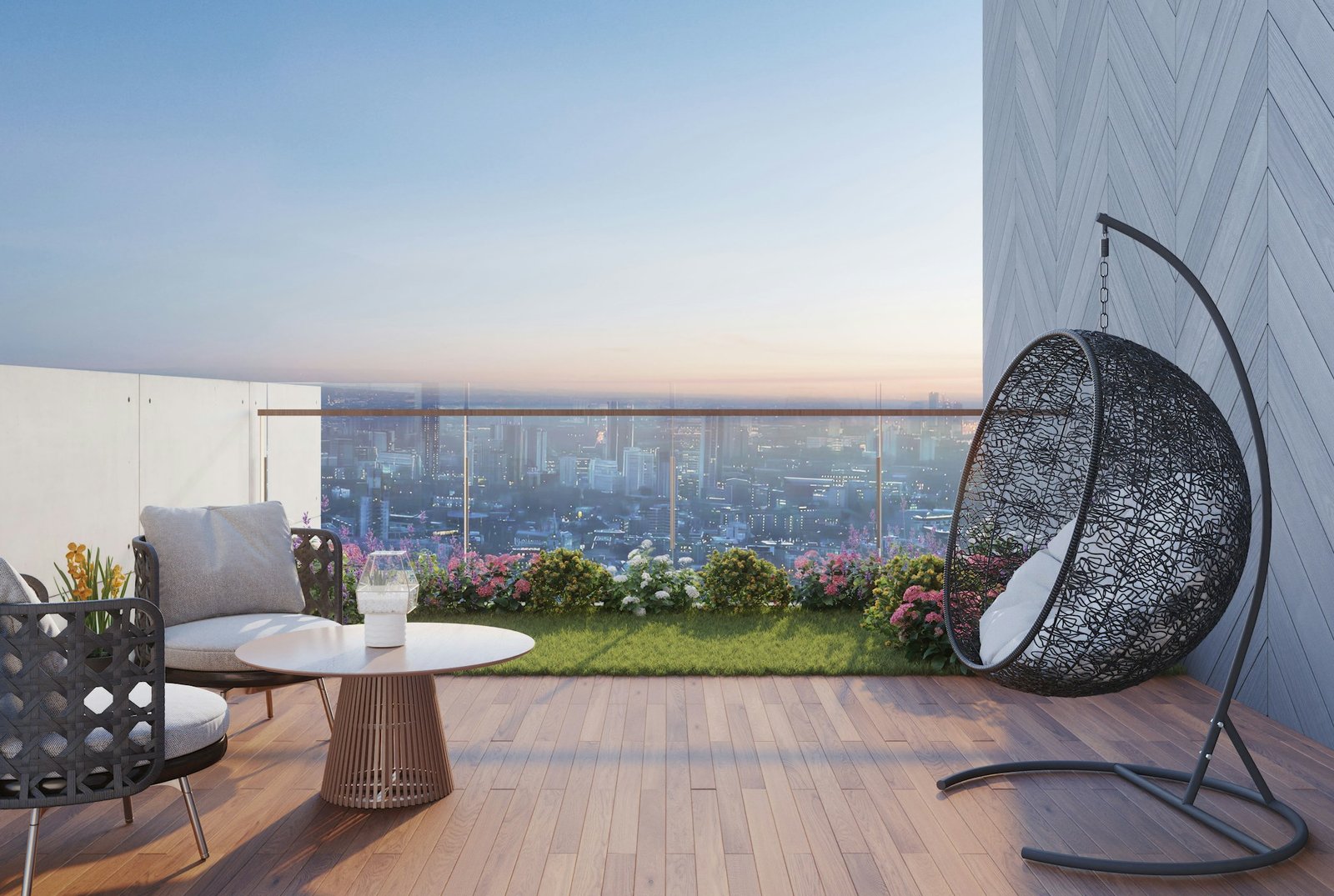 Contemporary high-rise apartment balcony garden with layered green plants, compact seating and weather-conscious finishes