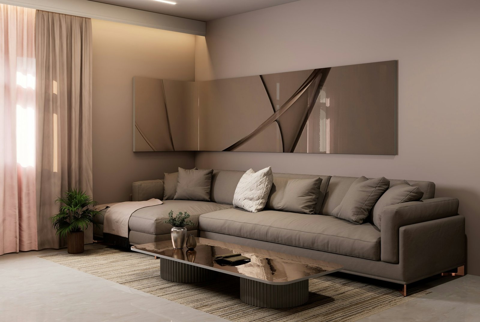 Bright modern apartment interior with layered window coverings and natural daylight for a heat-conscious home design