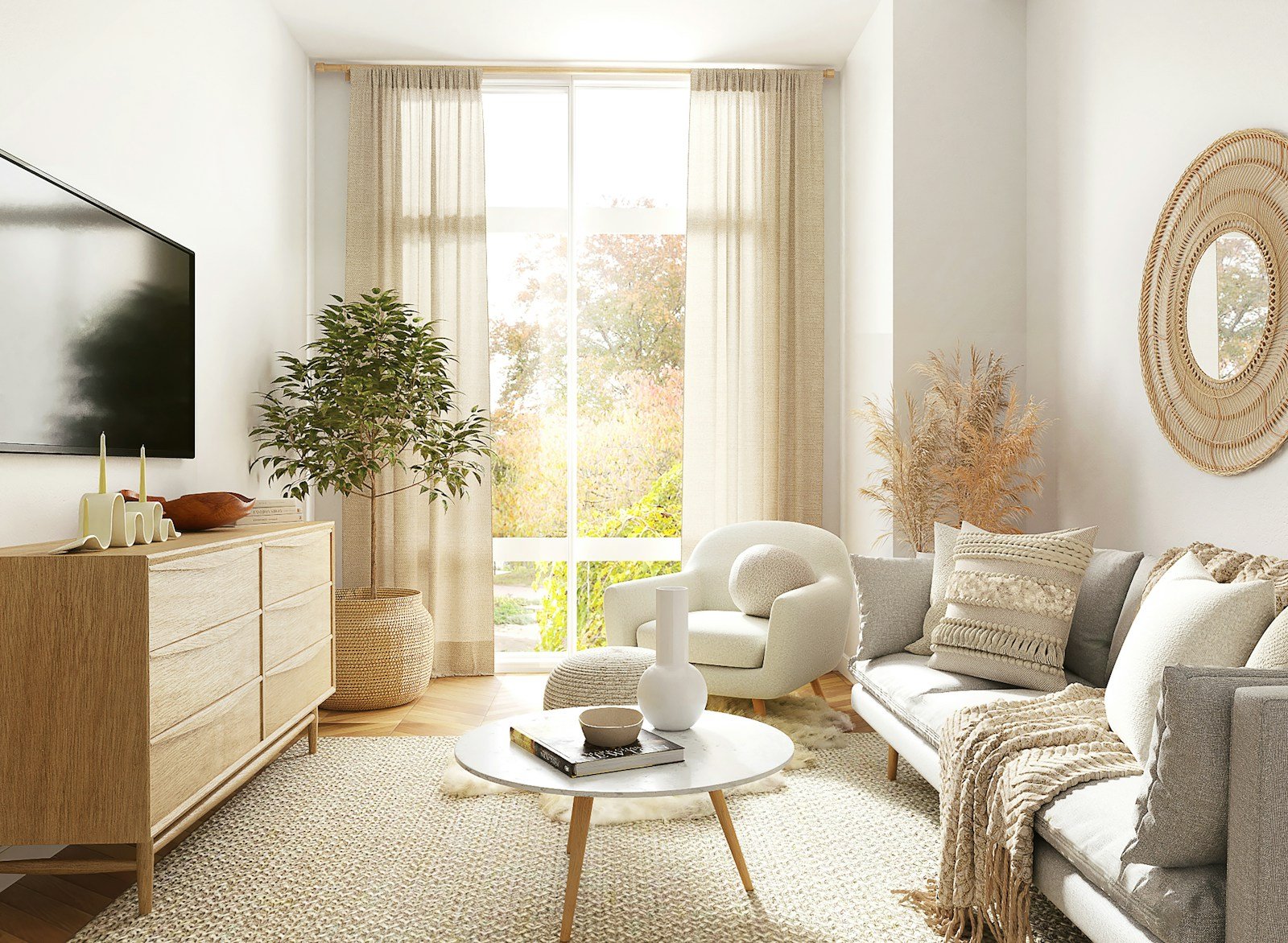 Modern living room with neutral seating, natural light and coordinated contemporary finishes